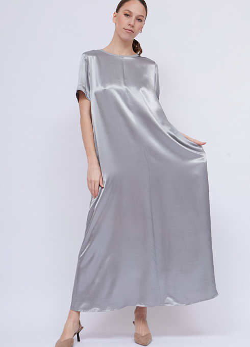 Платье длинное из атласа женское,  серый цвет