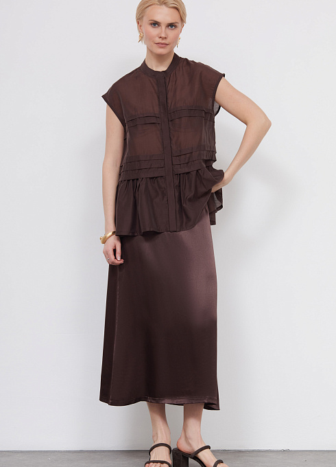 Юбка миди атласная женская,  коричневый цвет