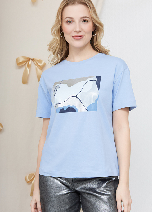 Футболка с блестящим принтом женский, голубой цвет