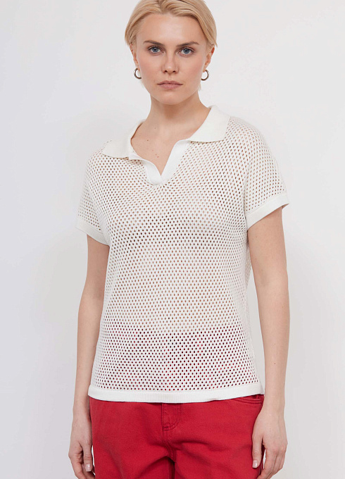 Джемпер-поло ажурной вязки женский, белый цвет