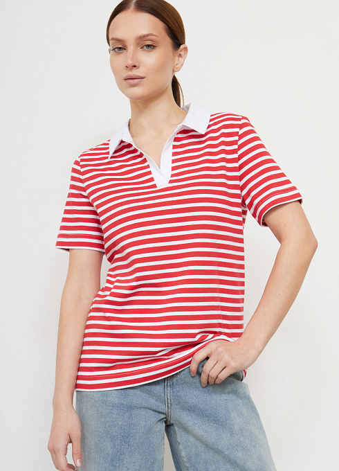 Футболка-поло в полоску женский, красный цвет