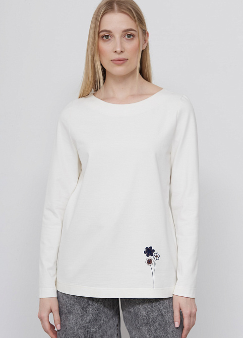 Лонгслив из хлопка с печатью женский,  белый цвет