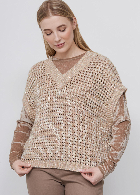 Жилет ажурный с люрексом женский,  бежевый цвет