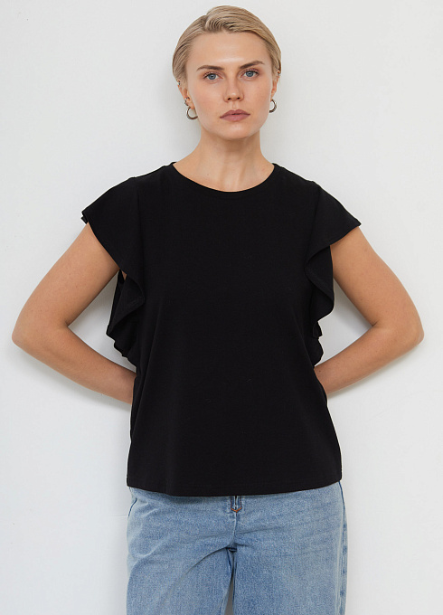 Футболка с рукавами-воланами женский, чёрный цвет