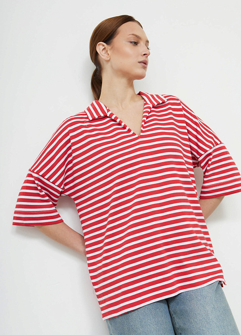 Футболка-поло в полоску женский,  красный цвет