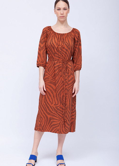 Платье из вискозы с поясом женское,  оранжевый цвет