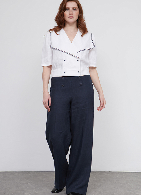 Брюки изо льна с декором женские, цвет синий