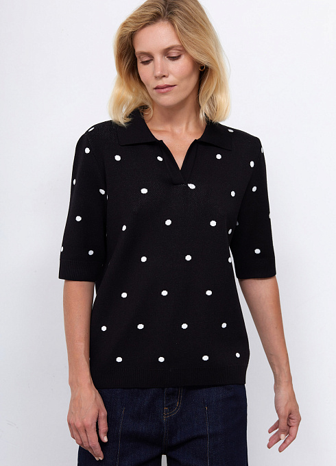 Джемпер-поло в горошек женский,  чёрный цвет