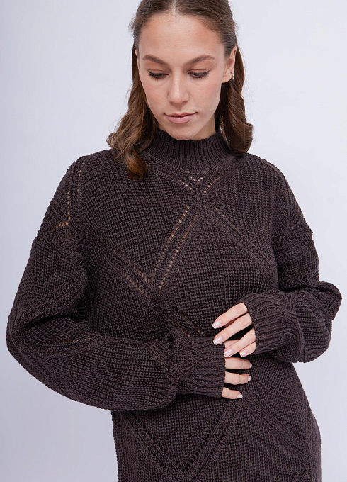 Свитер ажурный с шерстью женский, коричневый цвет
