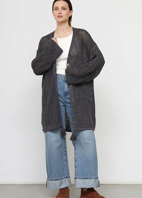 Кардиган ажурный с люрексом женский,  серый цвет