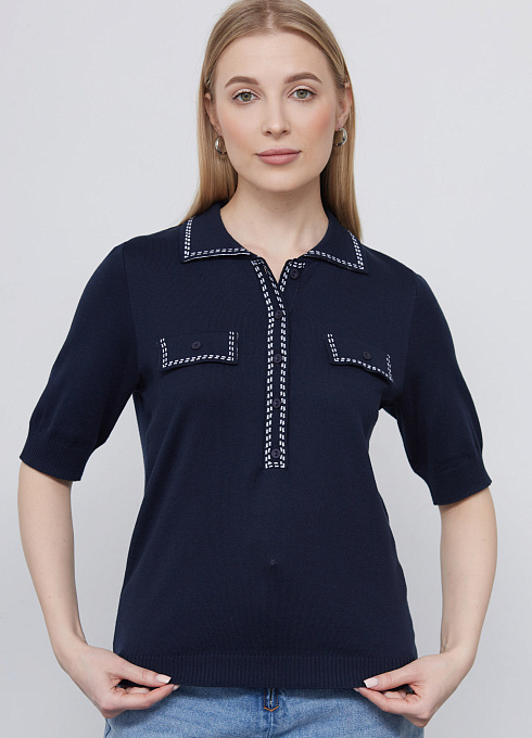 Джемпер поло с ложными карманами женский,  синий цвет