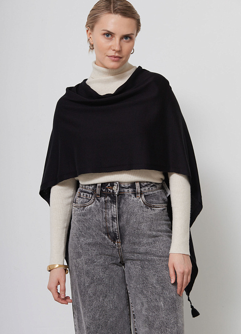 Шарф-накидка с кисточками для женщин, чёрный цвет