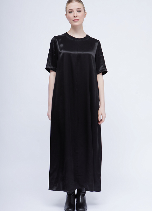 Платье длинное из атласа женское,  чёрный цвет