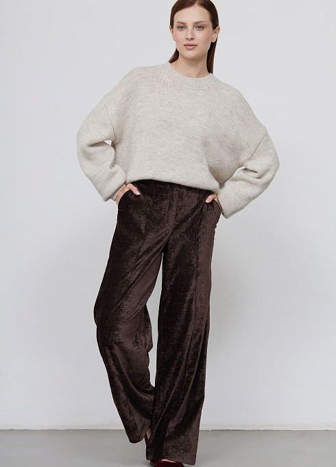 Брюки широкие из жатого бархата женские, цвет коричневый