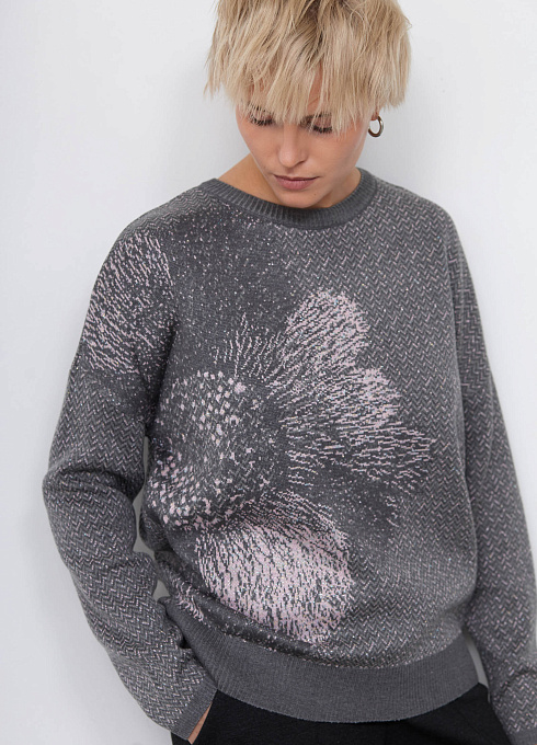 Джемпер жаккардовый с цветком женский,  серый цвет