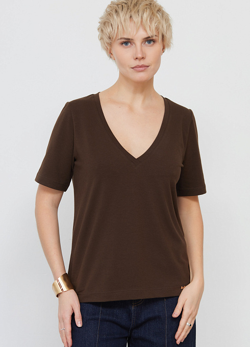 Футболка базовая с V-вырезом женский, коричневый цвет