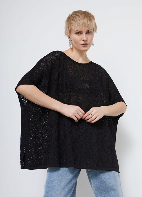Джемпер-пончо ажурный женский,  чёрный цвет