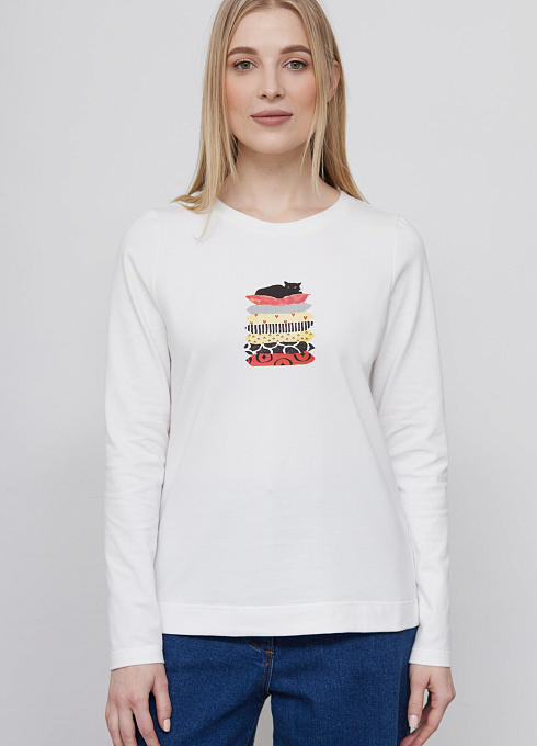 Лонгслив из вискозы с печатью женский,  белый цвет