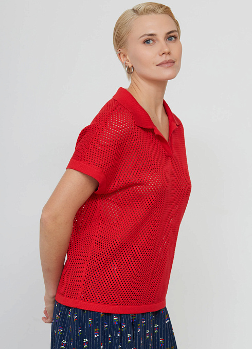 Джемпер-поло ажурной вязки женский,  красный цвет