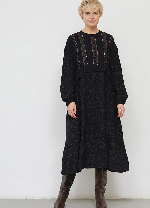 Платье комбинированное в горошек женское,  чёрный цвет