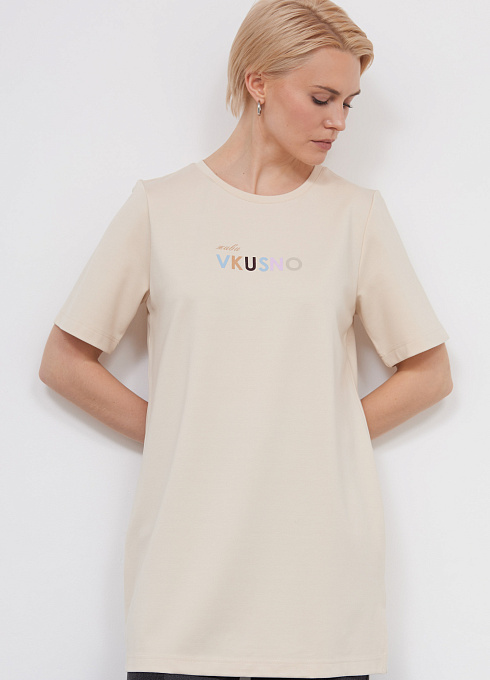 Футболка удлиненная с печатью женский,  бежевый цвет
