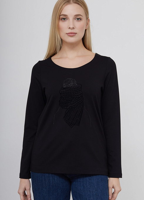 Лонгслив из вискозы с печатью женский, чёрный цвет