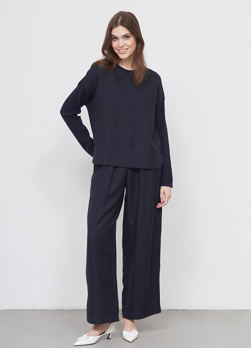 Брюки широкие с поясом женские, цвет синий