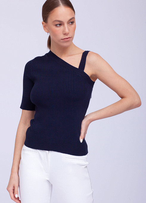 Вязаный топ на одно плечо женский,  синий цвет