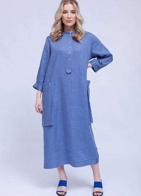 Платье льняное с капюшоном и карманами женское,  голубой цвет