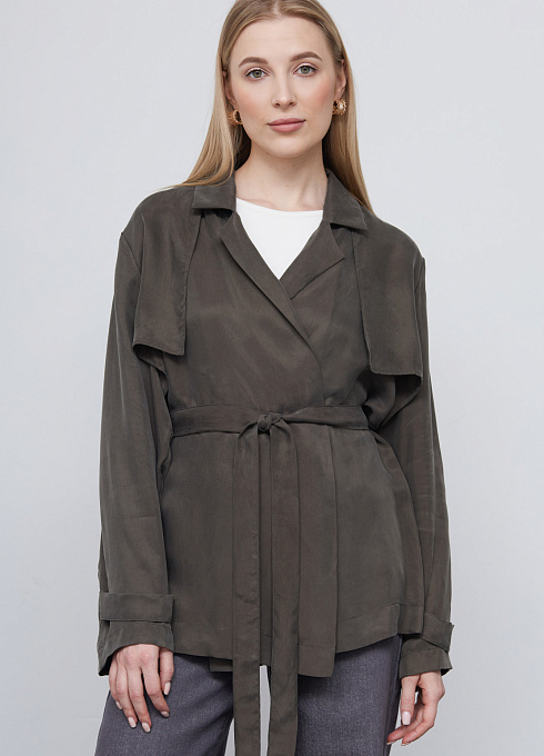 Жакет-тренч oversize с поясом женский,  зеленый цвет