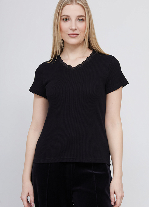 Футболка в рубчик с кружевом для женщины,  чёрный цвет