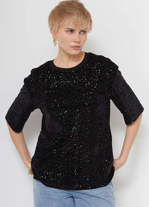 Футболка из бархата с пайетками женский,  чёрный цвет