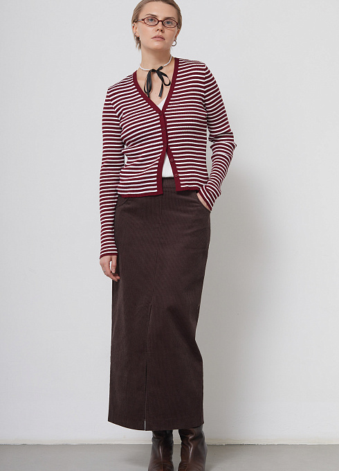 Юбка вельветовая с разрезом женская, коричневый цвет