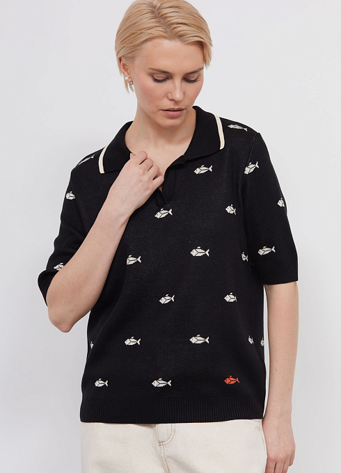 Джемпер-поло жаккардовой вязки женский, чёрный цвет