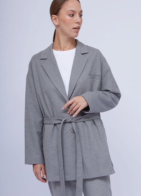 Жакет удлиненный с поясом женский,  серый цвет