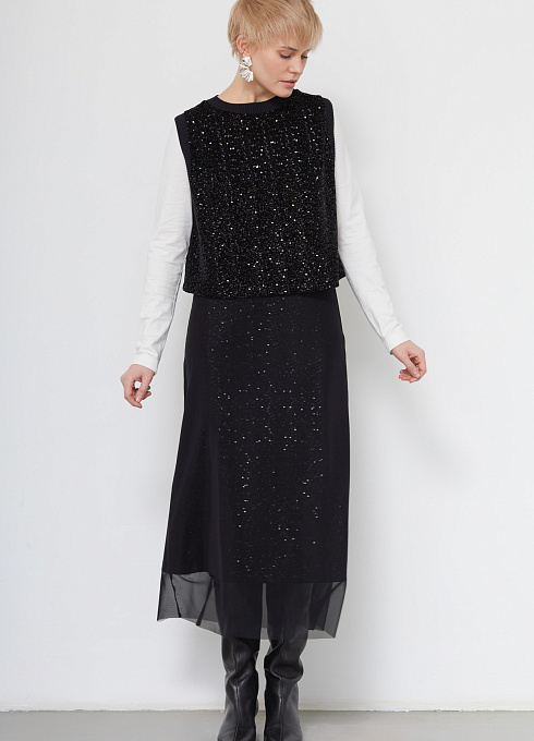 Юбка двуслойная с пайетками женская,  чёрный цвет