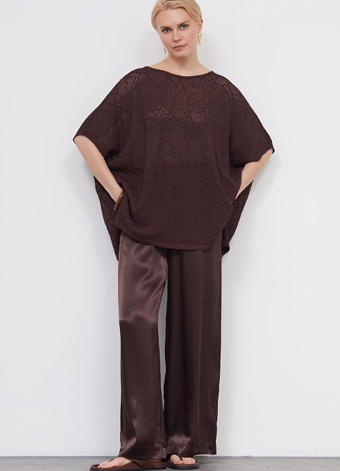 Брюки широкие из атласа женские, цвет коричневый 