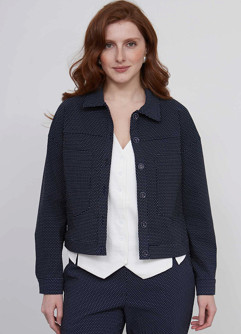 Жакет укороченный в горошек женский, синий цвет