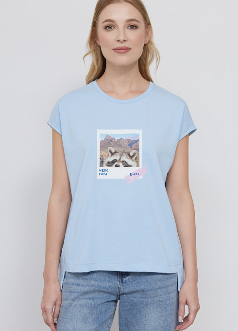 Футболка oversize с печатью женский,  голубой цвет