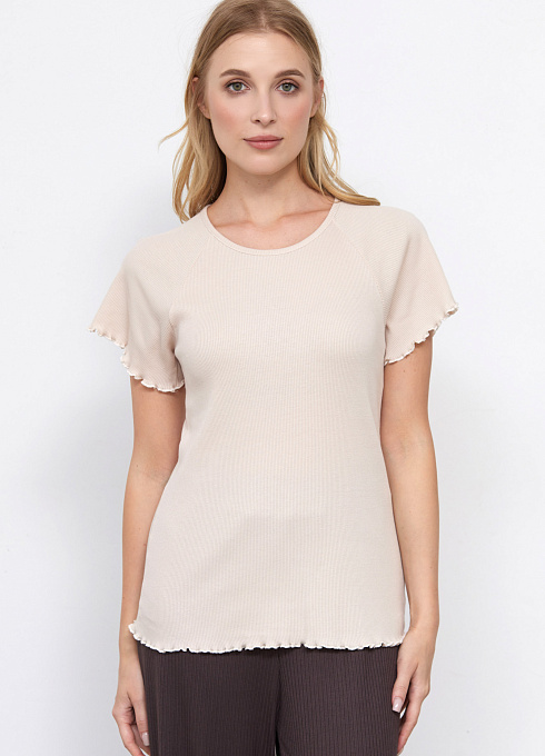 Футболка из хлопка в рубчик для женщины, бежевый цвет