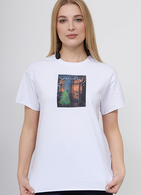 Футболка с новогодним принтом для женщины,  белый цвет