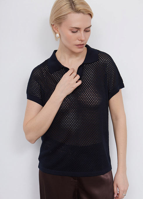 Джемпер-поло ажурной вязки женский,  синий цвет